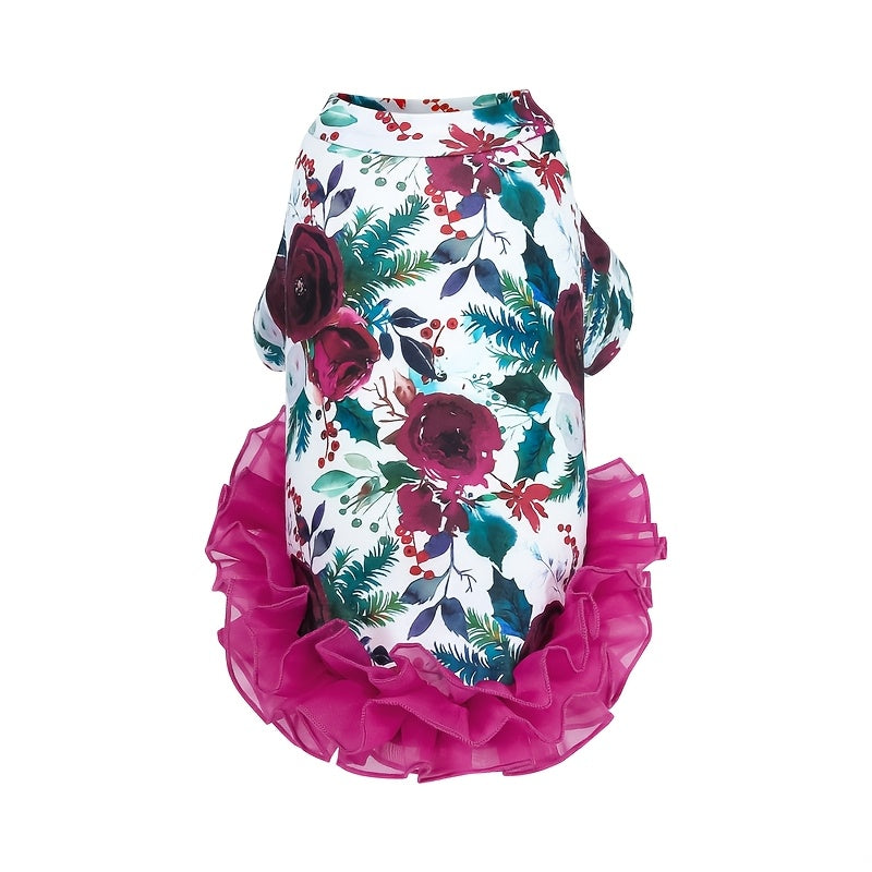 Pet Clothes Dog Floral Printed Short Sleeves Tulle Tutu Dress Small Medium Large Pet Clothes