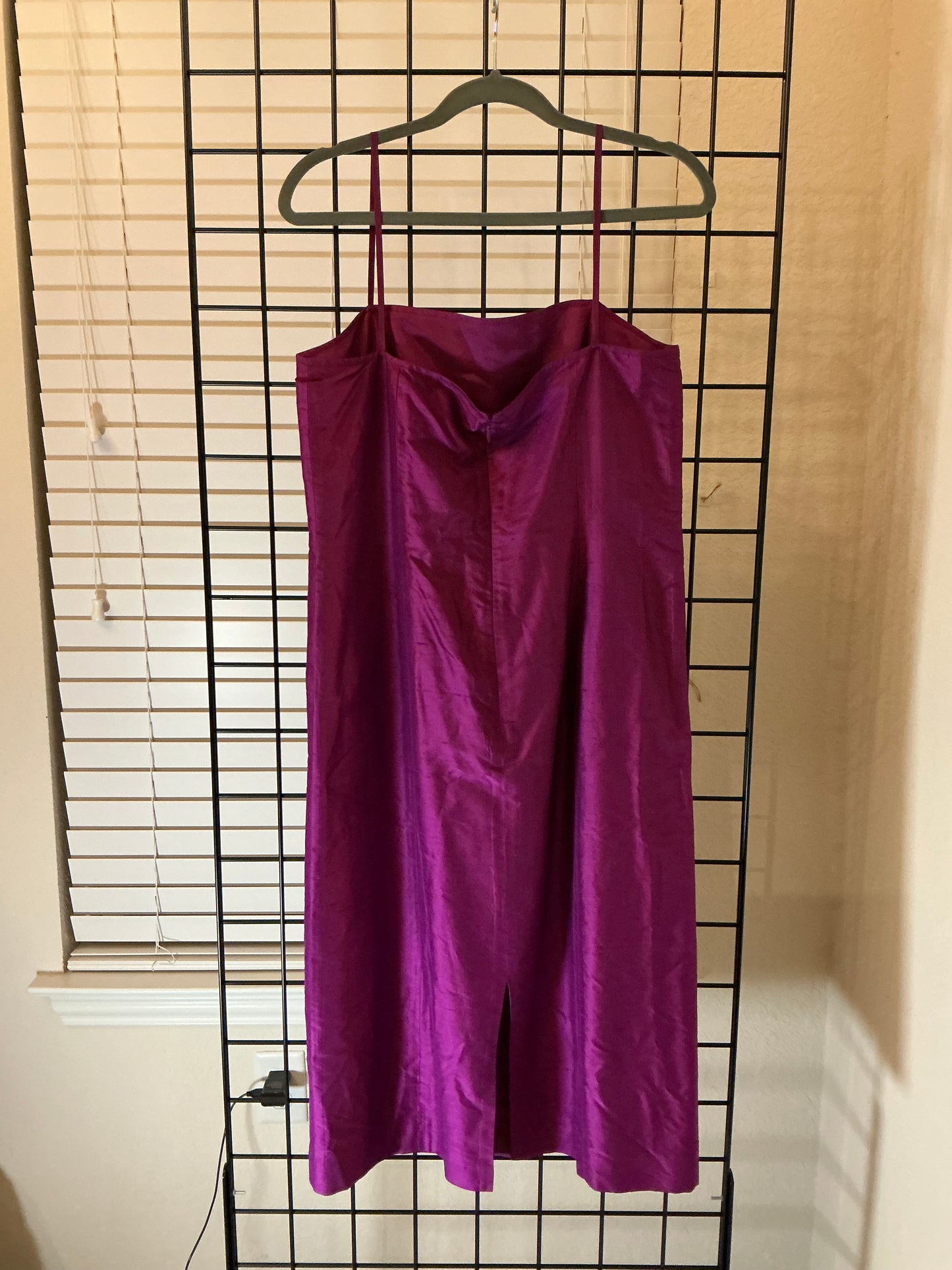 Vintage 1990s–early 2000s Harold’s 100% silk midi dress in a deep magenta/purple tone, women’s size 12.