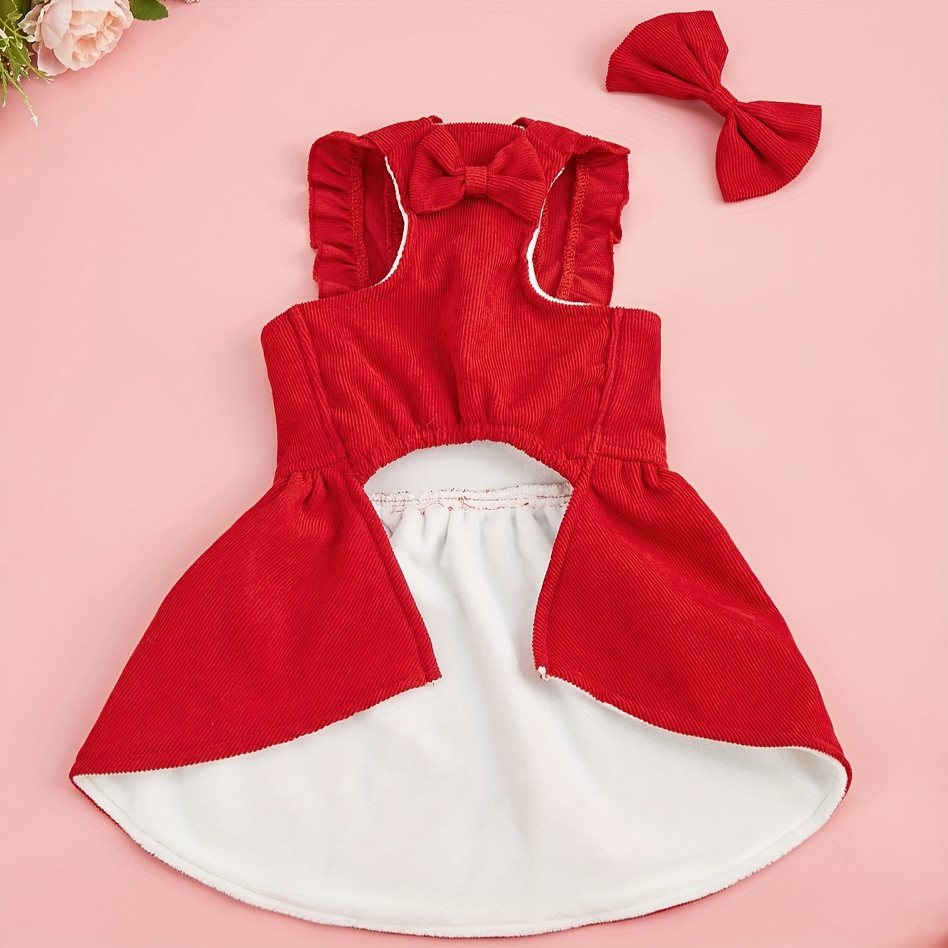 One Pet Clothes Autumn and Winter Velvet Red Corduroy Bow Dress with Hairpin Suggested to Buy One Size Up