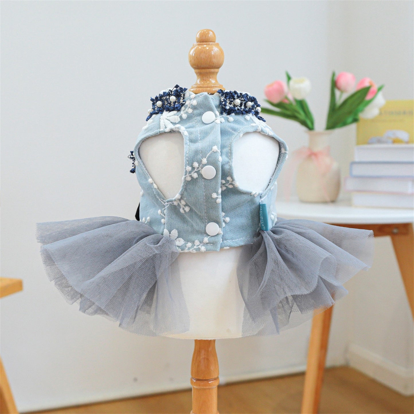 Dog Dress Pearl Bow Puppy Girl Tulle Dress Cat Princess Costume Pet Clothes for Small Dogs Cats