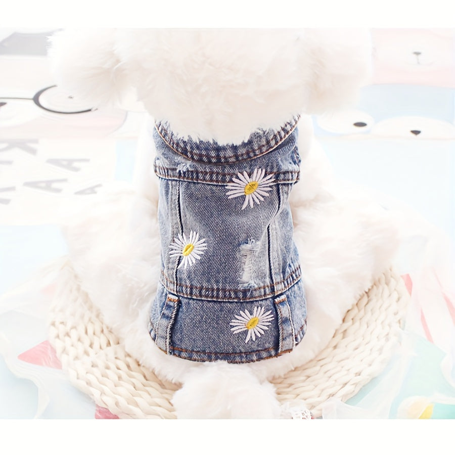 1pc Daisy Graphic Dog Denim Vest, Spring And Autumn Pet Clothes For Dogs Summer Clothing