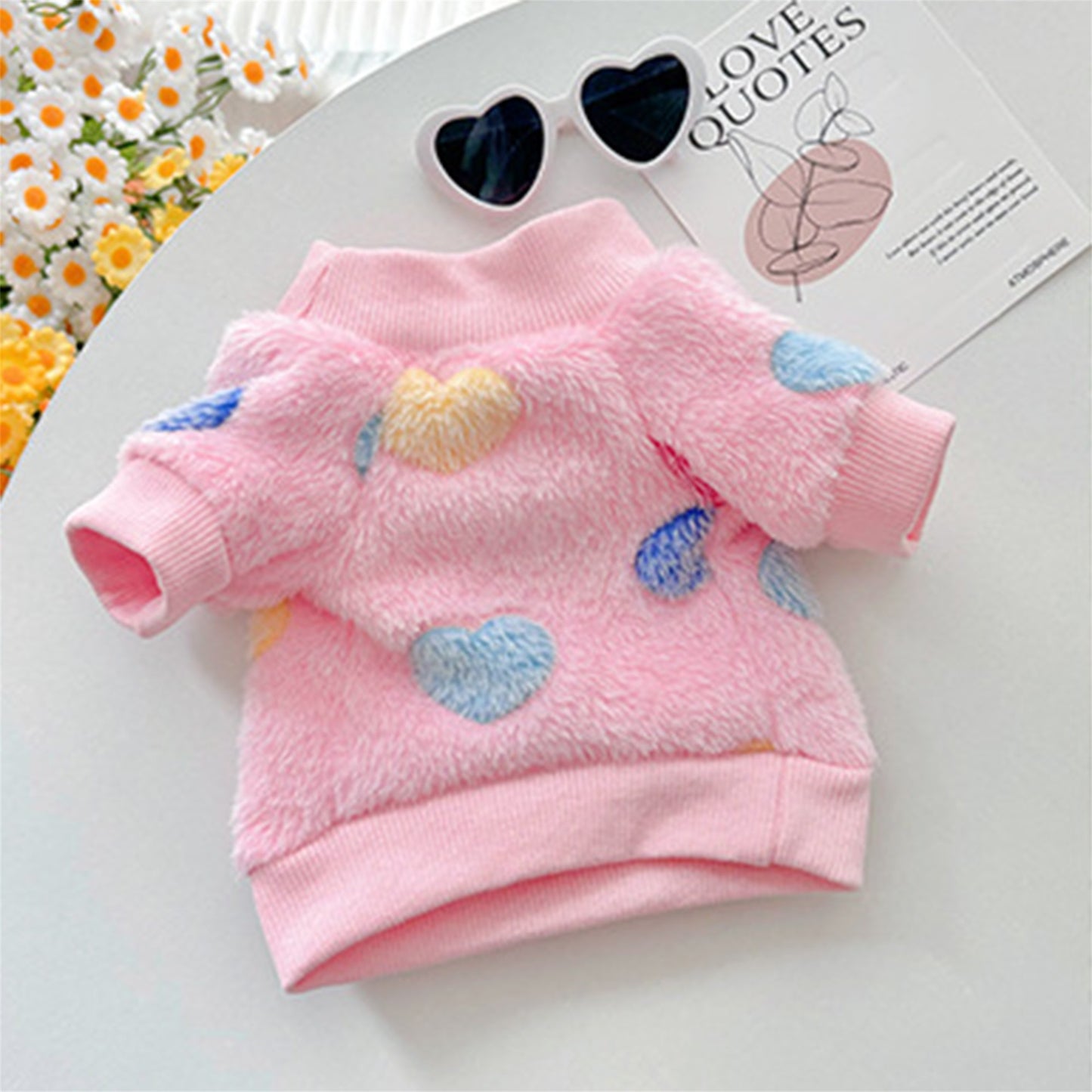 Warm Flannel Dog Sweatshirt with Heart and Paw Pattern, Fuzzy Two-Legged Winter Pet Clothes for Small/Medium Breeds