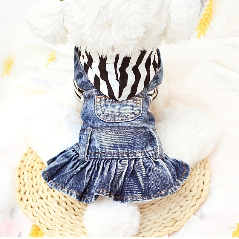 1pc Striped Denim Princess Jumpsuit Dog Dress for Small Dogs with Plaid Hoodie Jacket for Spring and Autumn Pet Clothes