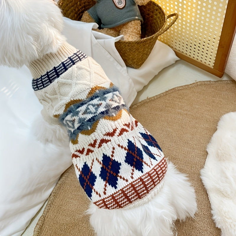 Cable Knit Dog Sweater Turtleneck Cold Weather Pullover Classic Knitwear With Fair Isle Pattern Thick Warm Winter Pet Clothes Cozy Turtleneck Sweatshirt Outdoor Outfits For Small Medium Large Dogs Cats