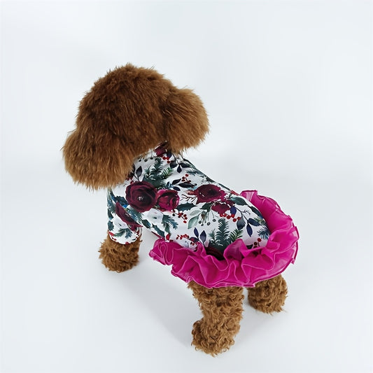 Pet Clothes Dog Floral Printed Short Sleeves Tulle Tutu Dress Small Medium Large Pet Clothes