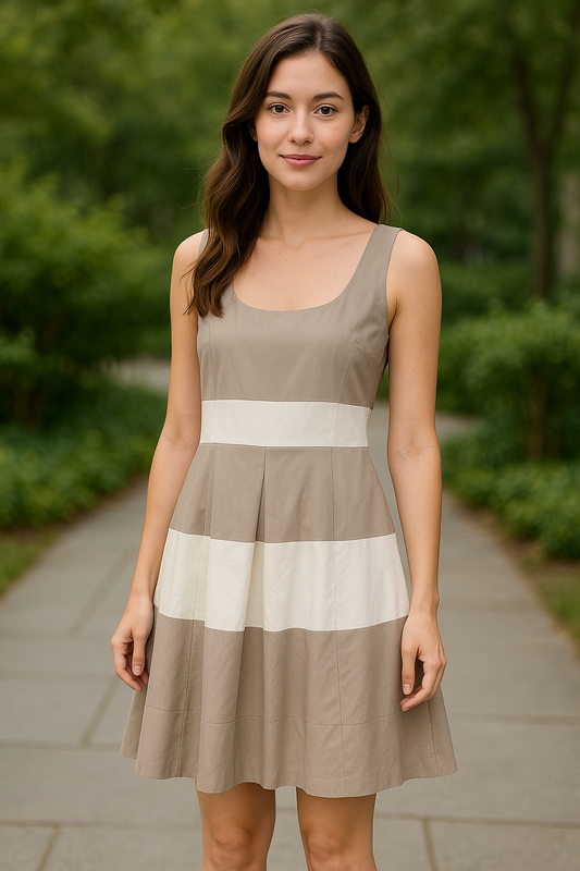 Lauren Ralph Lauren Taupe & Cream Fit-and-Flare Dress – Size 14