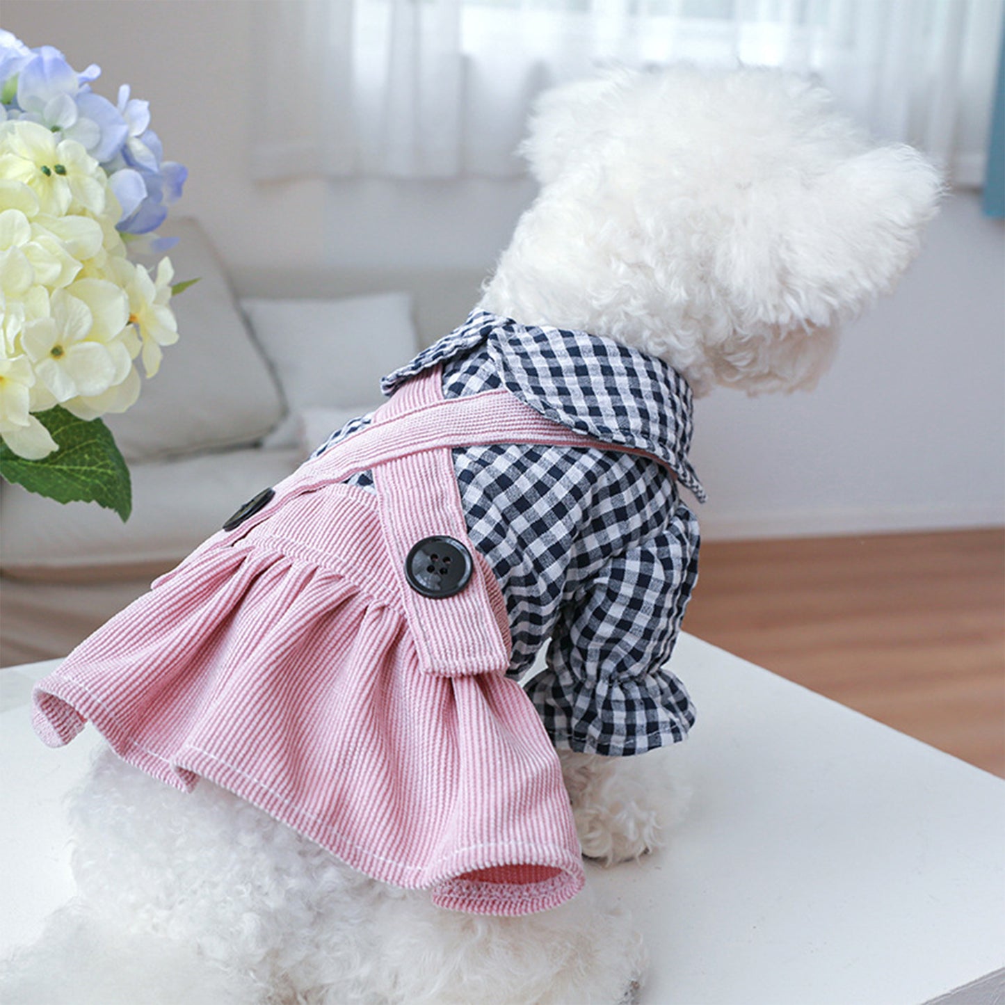 Dog Plaid Dress 2 Legs Covered Puppy Girl Suspender Dress Pet Clothes for Small Dogs Cats