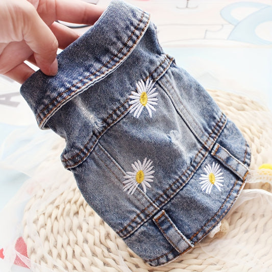 1pc Daisy Graphic Dog Denim Vest, Spring And Autumn Pet Clothes For Dogs Summer Clothing