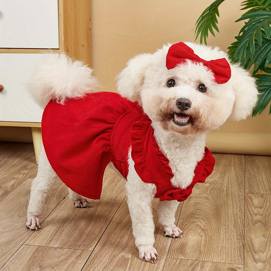 One Pet Clothes Autumn and Winter Velvet Red Corduroy Bow Dress with Hairpin Suggested to Buy One Size Up