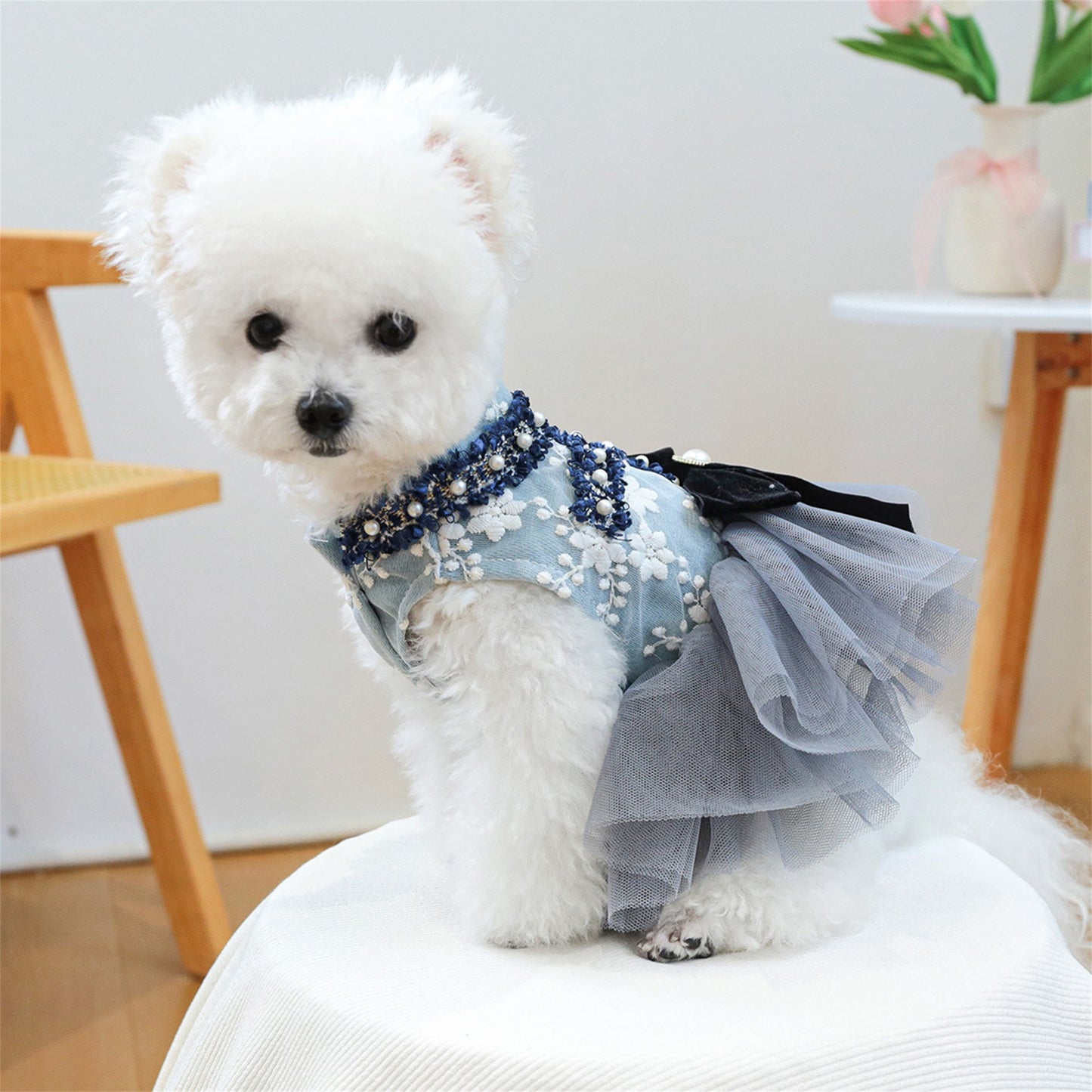 Dog Dress Pearl Bow Puppy Girl Tulle Dress Cat Princess Costume Pet Clothes for Small Dogs Cats