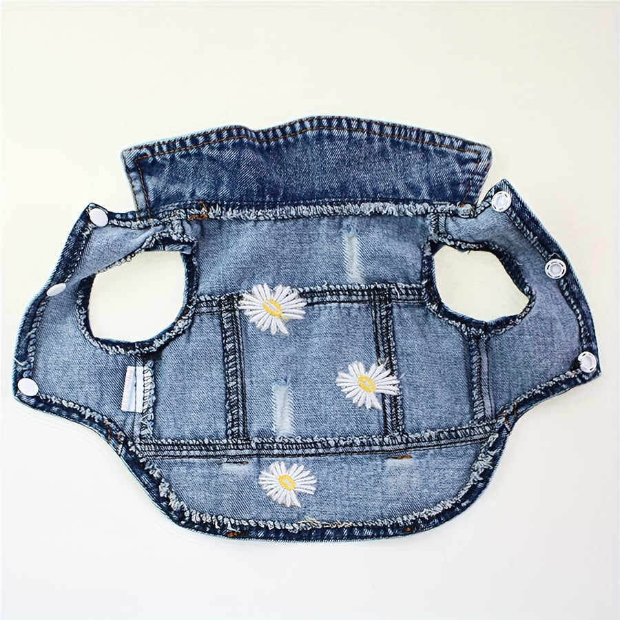 1pc Daisy Graphic Dog Denim Vest, Spring And Autumn Pet Clothes For Dogs Summer Clothing