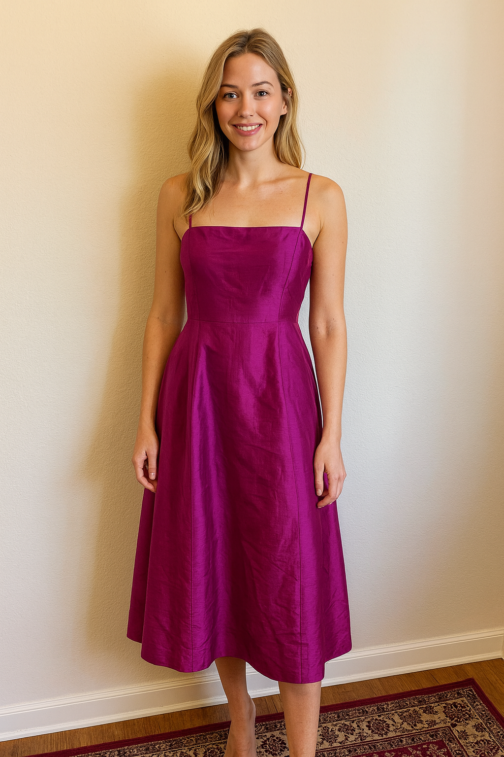 Vintage 1990s–early 2000s Harold’s 100% silk midi dress in a deep magenta/purple tone, women’s size 12.