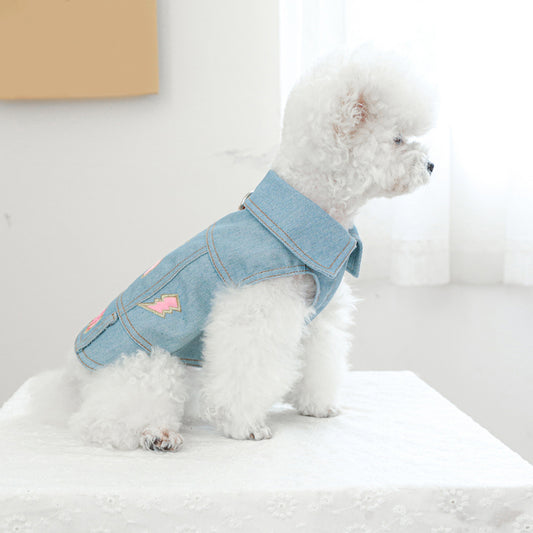 Denim Dog Jacket with Letter and Star Design, Jean Vest Style Pet Clothes for Small Dogs and Cats, Polyester, Pullover, Pet Clothes, D-Ring