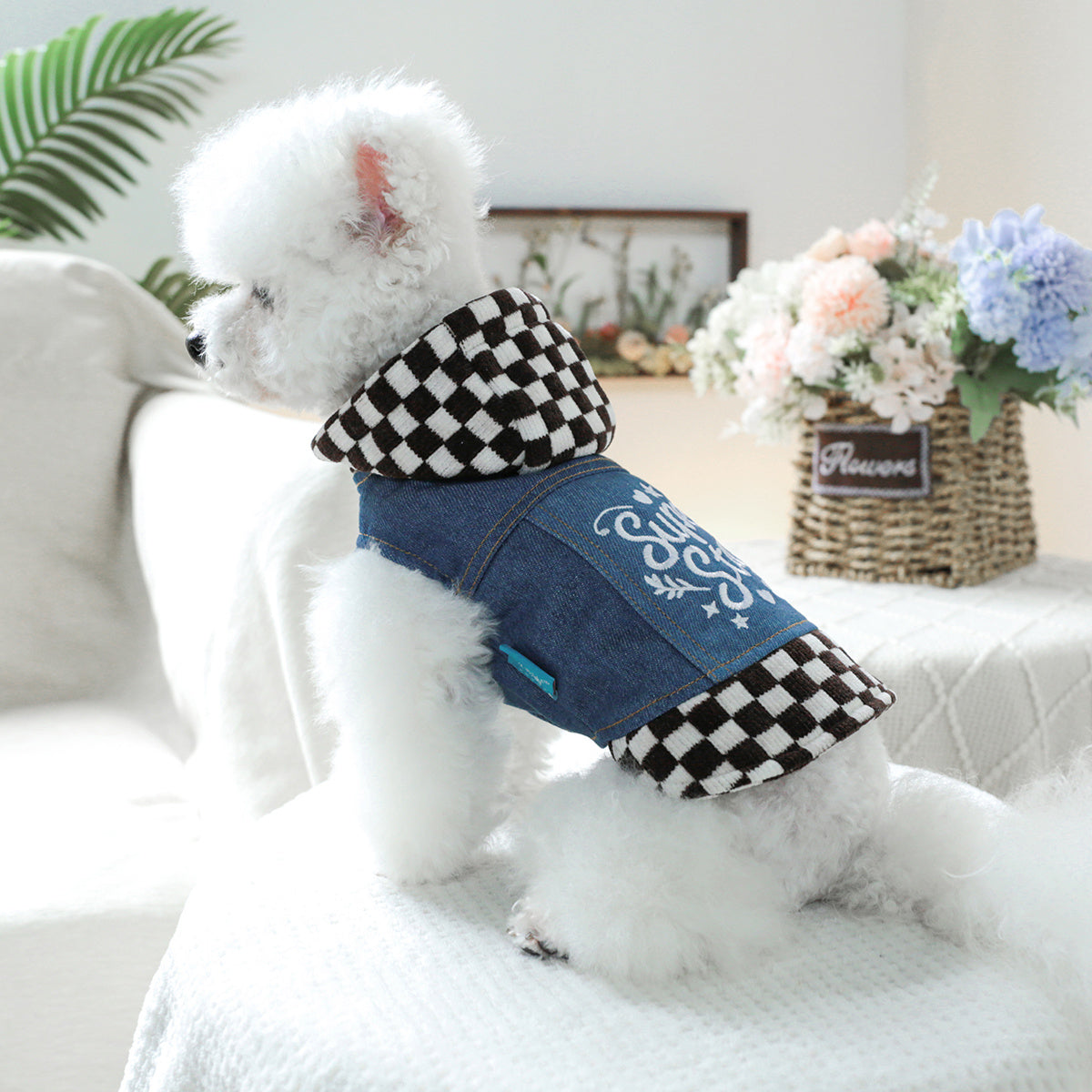 Plaid Star Faux Denim Dog & Cat Outfit - Brown & White Checkered Pet Clothes with "Super Star" Embroidery, Snap Button Closure, Casual Fashion for Small Dogs & Cats, Stylish Outdoor Wear, Dog Clothes, Playful Pet Apparel, Dur