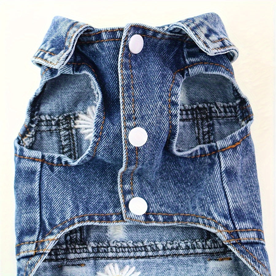 1pc Daisy Graphic Dog Denim Vest, Spring And Autumn Pet Clothes For Dogs Summer Clothing