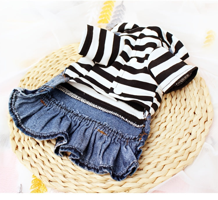 1pc Striped Denim Princess Jumpsuit Dog Dress for Small Dogs with Plaid Hoodie Jacket for Spring and Autumn Pet Clothes