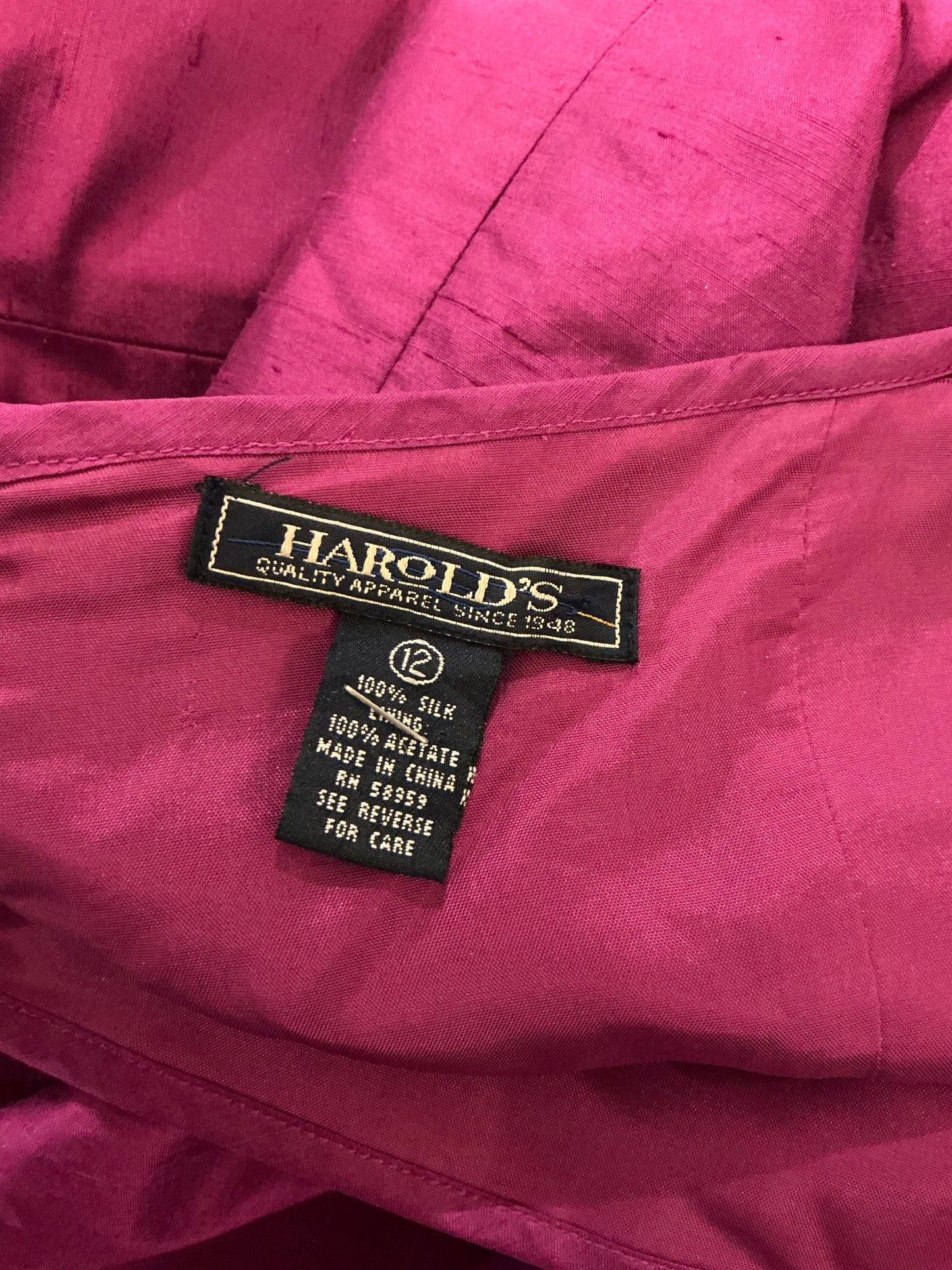 Vintage 1990s–early 2000s Harold’s 100% silk midi dress in a deep magenta/purple tone, women’s size 12.