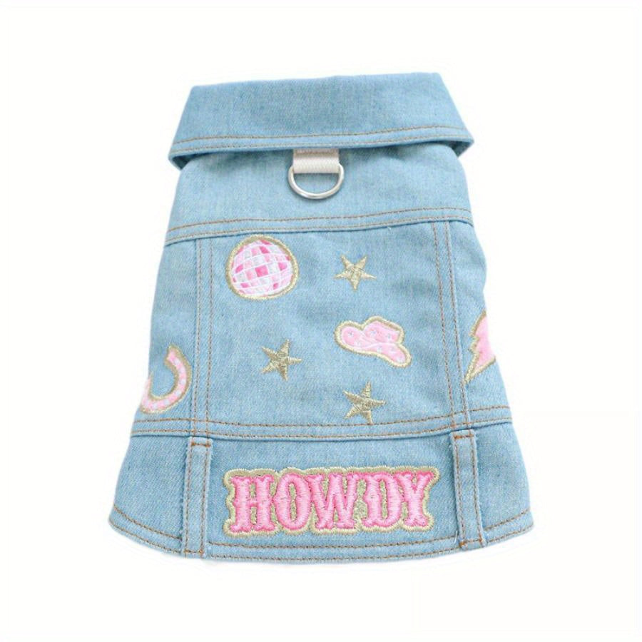 Denim Dog Jacket with Letter and Star Design, Jean Vest Style Pet Clothes for Small Dogs and Cats, Polyester, Pullover, Pet Clothes, D-Ring