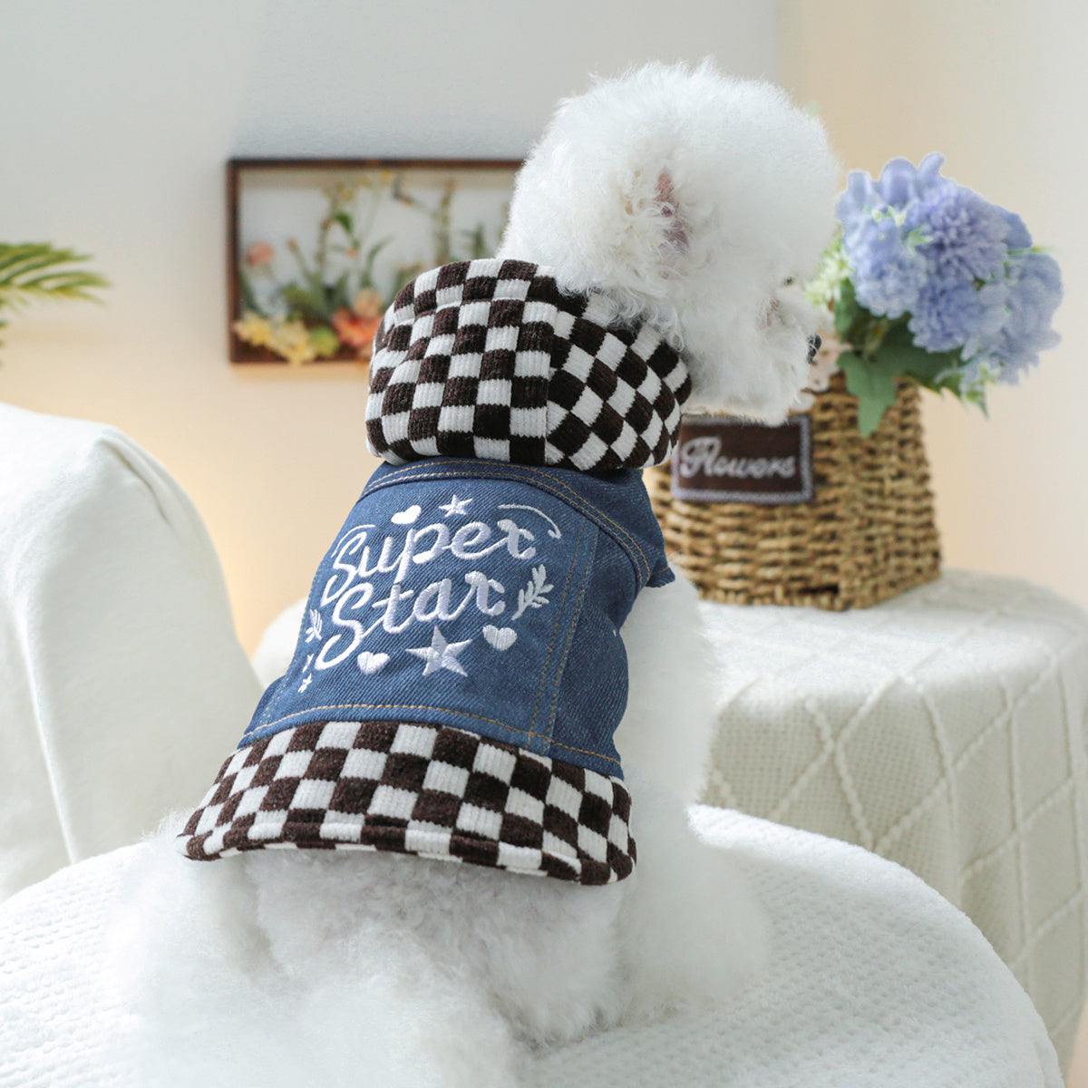 Plaid Star Faux Denim Dog & Cat Outfit - Brown & White Checkered Pet Clothes with "Super Star" Embroidery, Snap Button Closure, Casual Fashion for Small Dogs & Cats, Stylish Outdoor Wear, Dog Clothes, Playful Pet Apparel, Dur