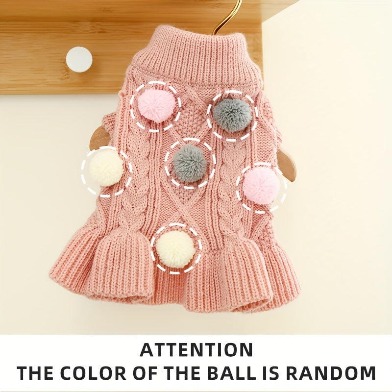 Pet Turtleneck Sweater, Knitwear Dog Dress With Pompoms, Warm Pet Clothes For Small Medium Dog & Cat Autumn And Winter Dog Warm Clothes