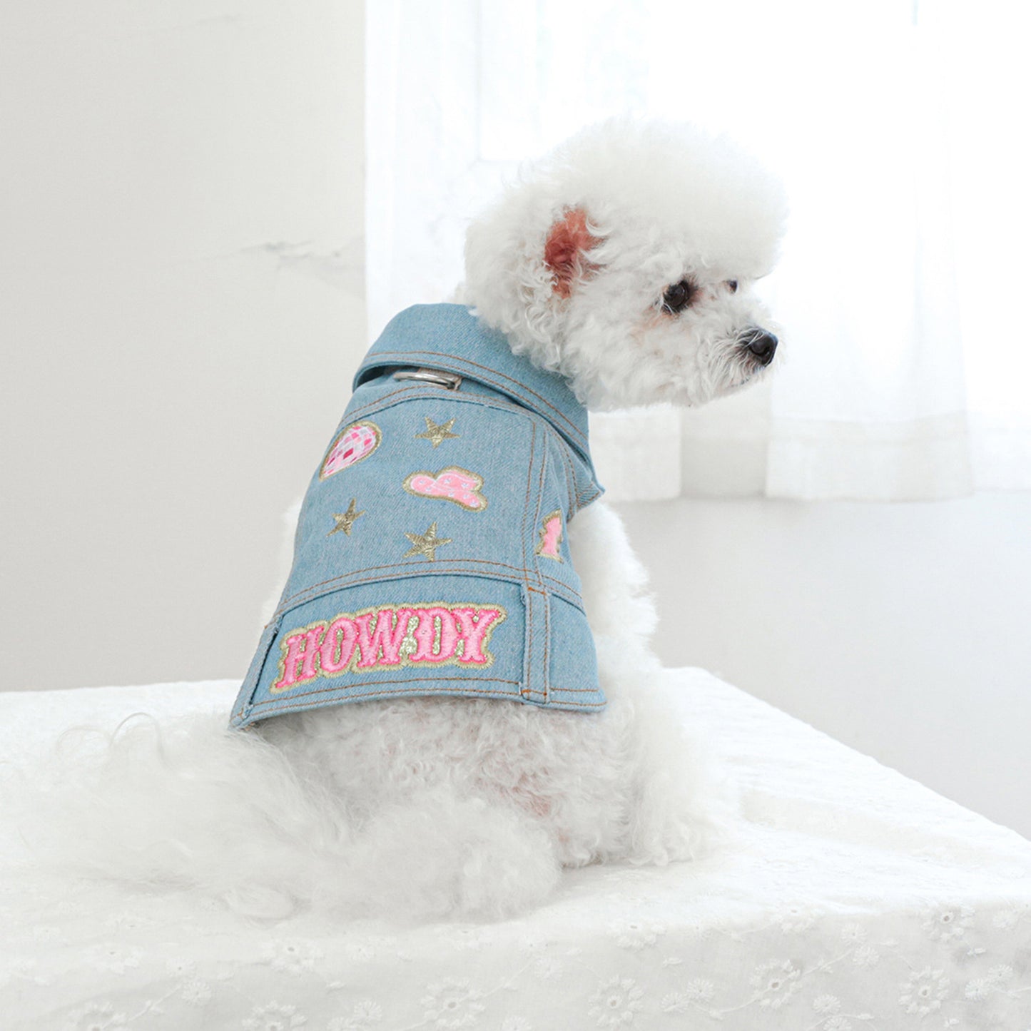 Denim Dog Jacket with Letter and Star Design, Jean Vest Style Pet Clothes for Small Dogs and Cats, Polyester, Pullover, Pet Clothes, D-Ring