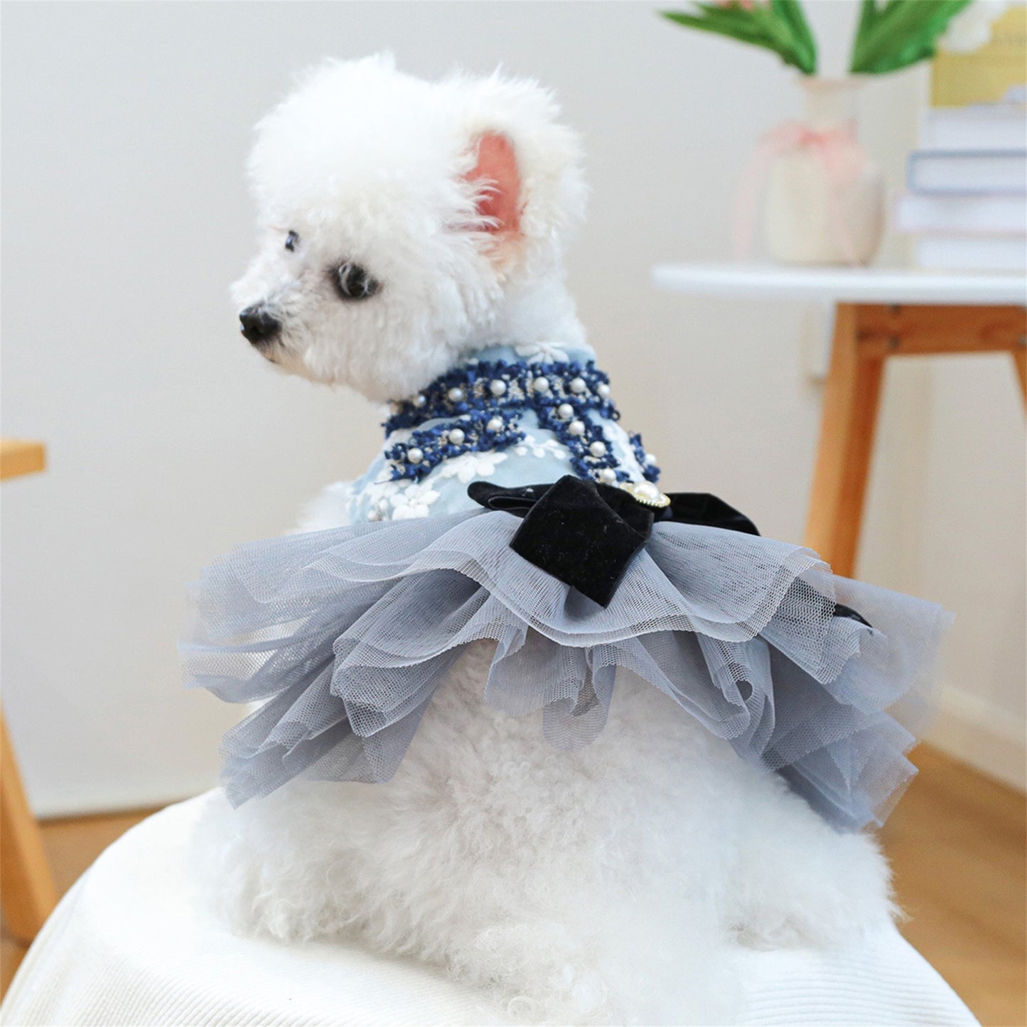 Dog Dress Pearl Bow Puppy Girl Tulle Dress Cat Princess Costume Pet Clothes for Small Dogs Cats