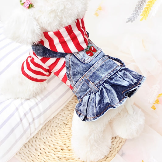 1pc Striped Denim Princess Jumpsuit Dog Dress for Small Dogs with Plaid Hoodie Jacket for Spring and Autumn Pet Clothes