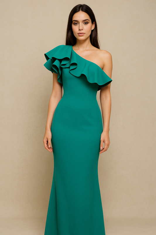 Eliza J Turquoise One-Shoulder Ruffle Gown – Size 6 NWT