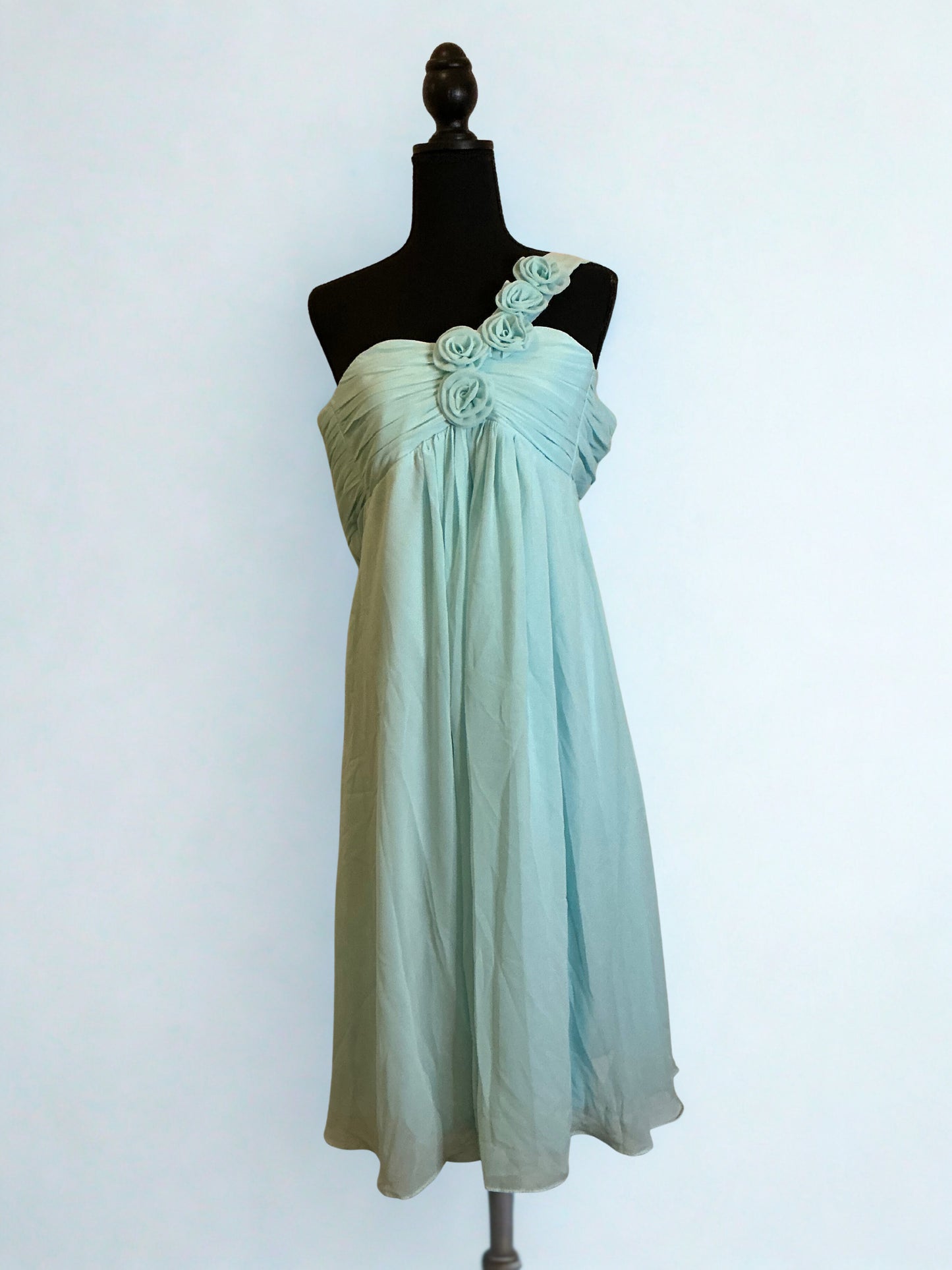 Aqua Blue One Shoulder Chiffon Dress with Rosette Strap – Size 2 – Flowy Formal Bridesmaid or Party Dress