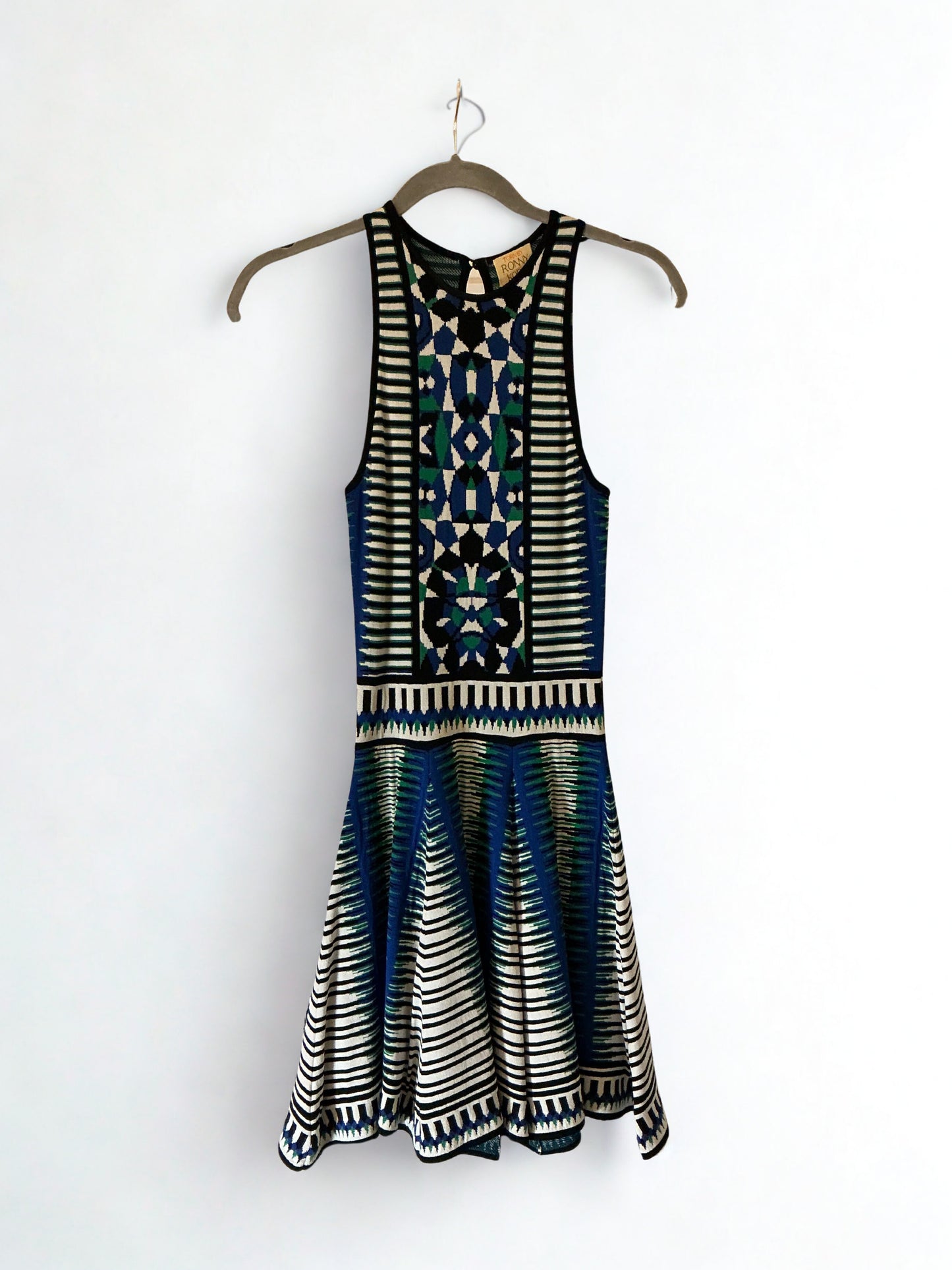 Torn by Ronny Kobo Blue Geometric Knit Fit & Flare Dress