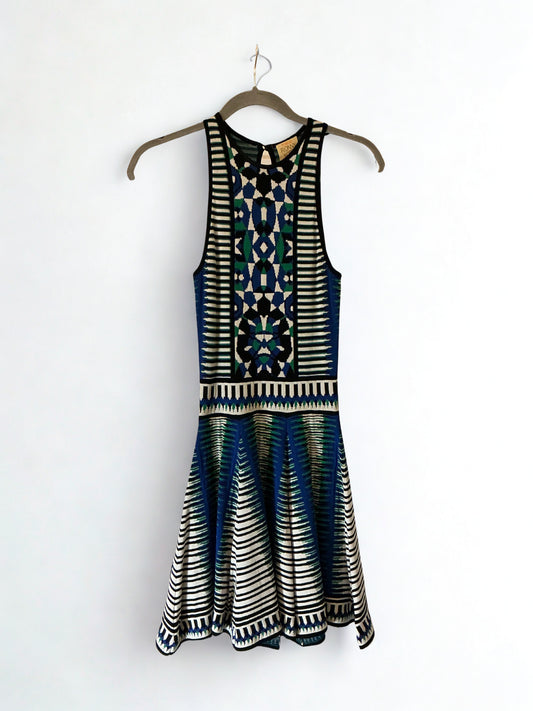 Torn by Ronny Kobo Blue Geometric Knit Fit & Flare Dress
