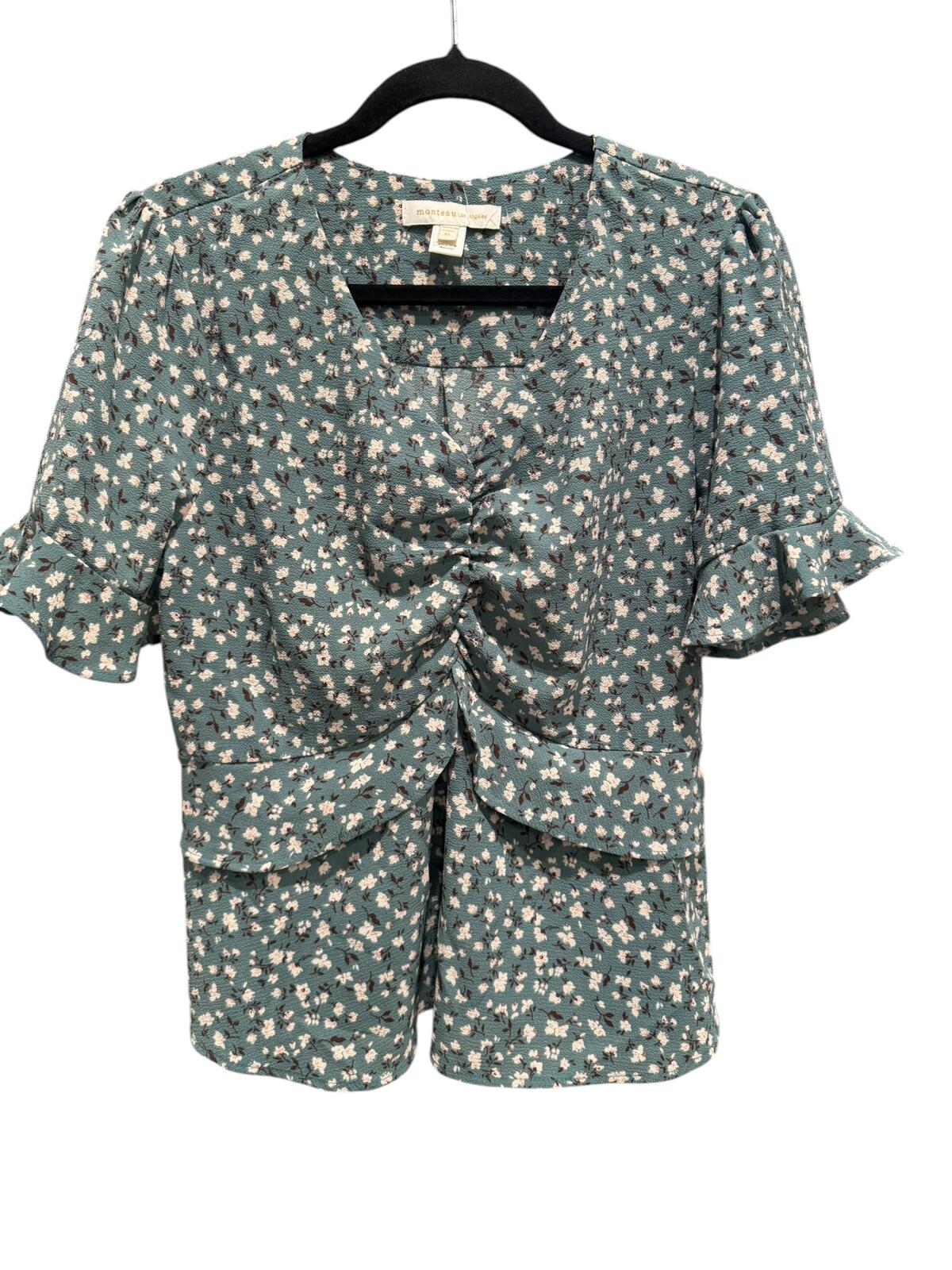 Green Floral Ruched Peplum Blouse