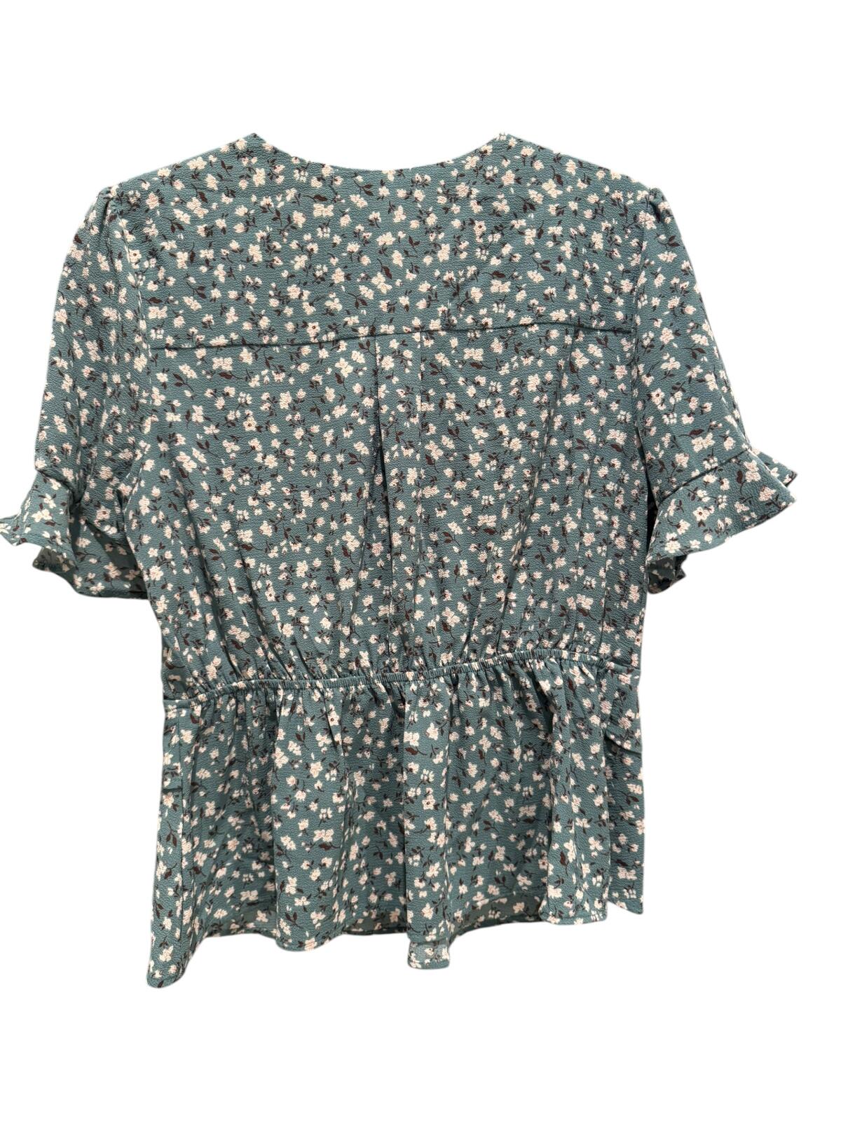 Green Floral Ruched Peplum Blouse