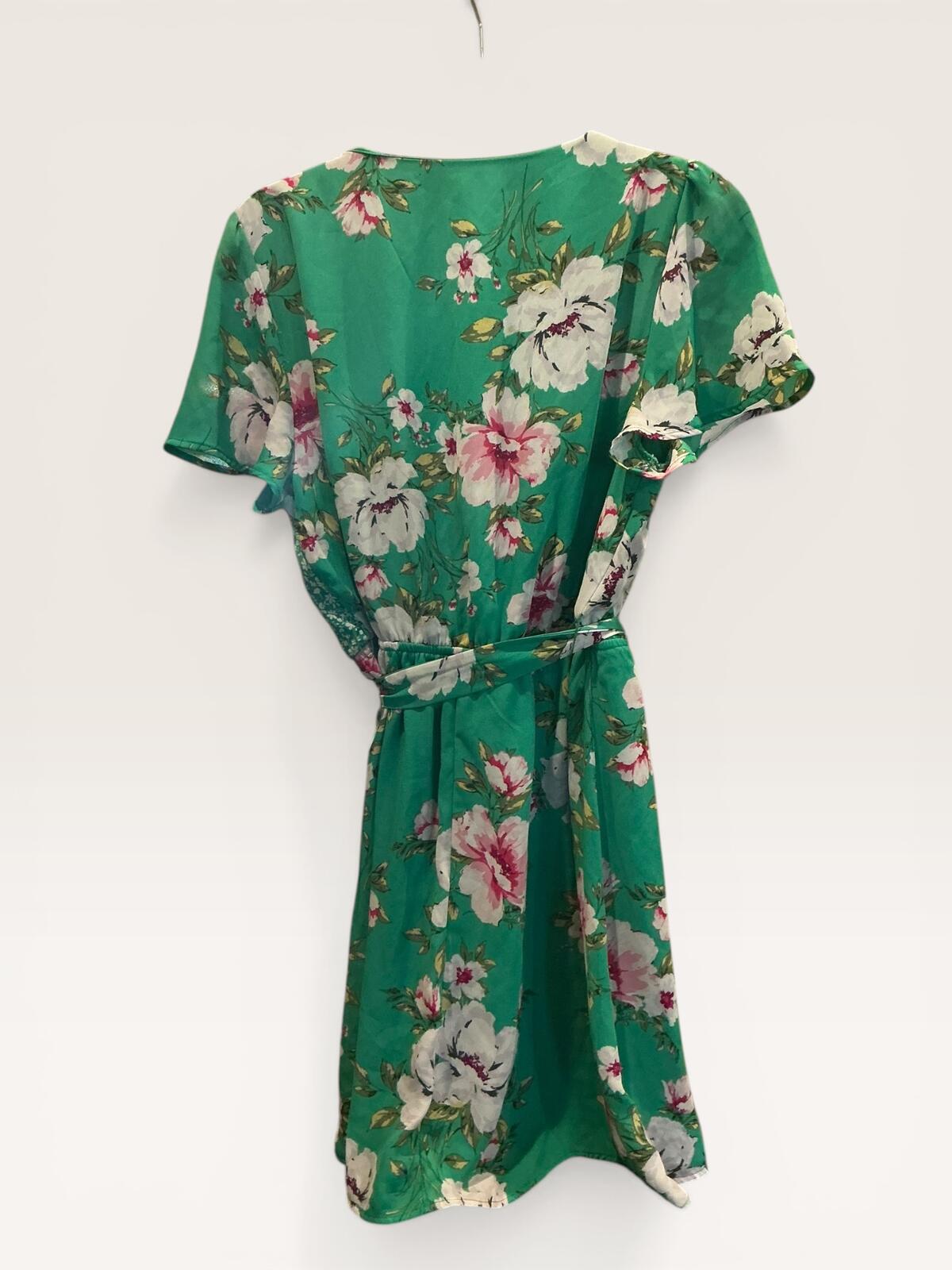 AUW Floral Green Wrap Dress with Belt, Size Large