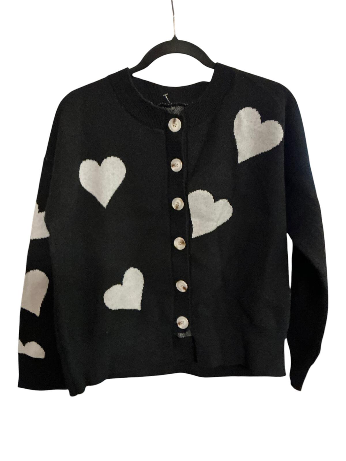 Black Cardigan Sweater with White Heart Pattern
