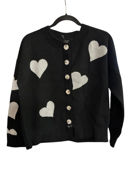 Black Cardigan Sweater with White Heart Pattern