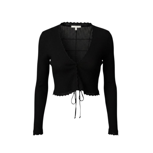 Free People Black Sheer Ribbed Tie-Front Cropped Cardigan