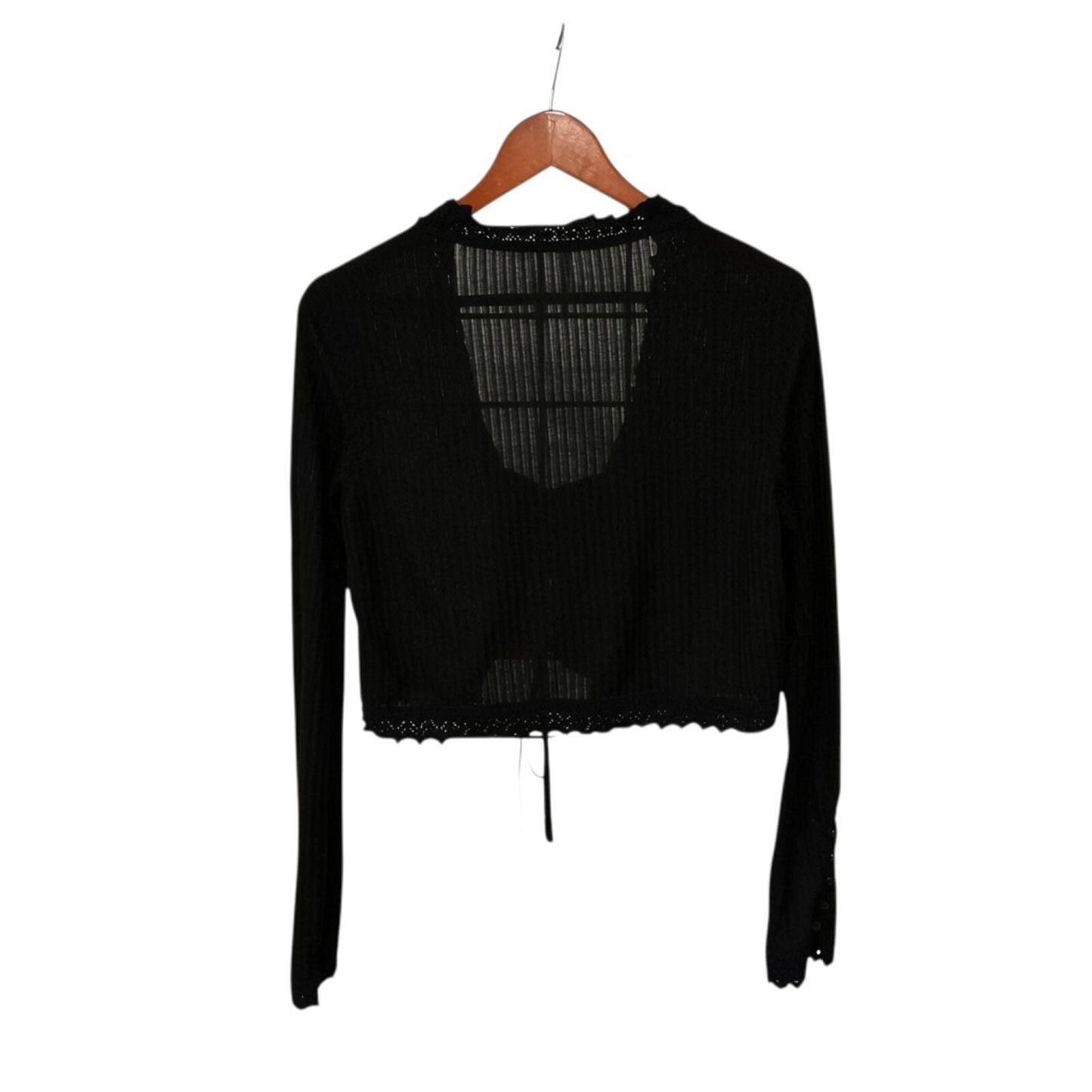 Free People Black Sheer Ribbed Tie-Front Cropped Cardigan