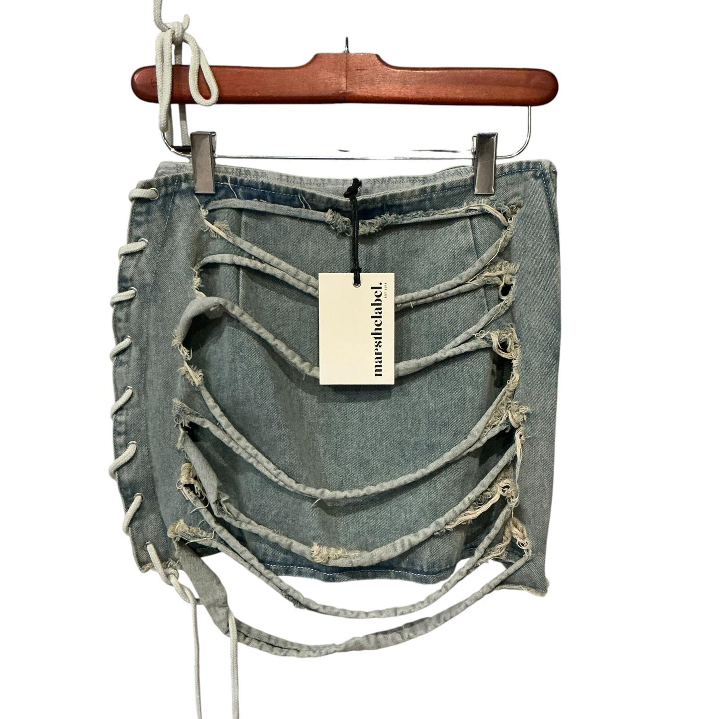Mars The Label Distressed Lace-Up Denim Mini Skirt Size S