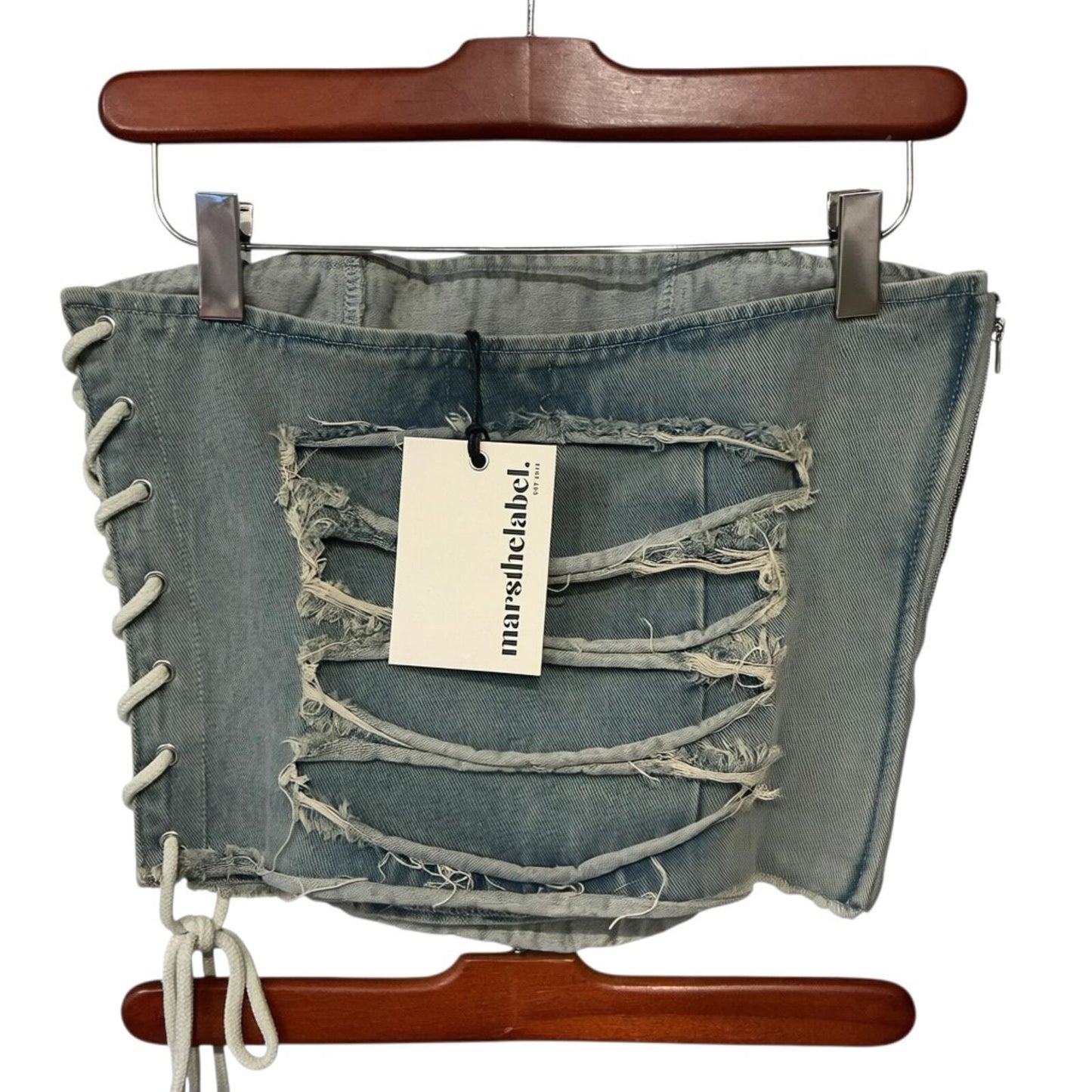 Mars The Label Distressed Lace-Up Denim Mini Skirt Size S