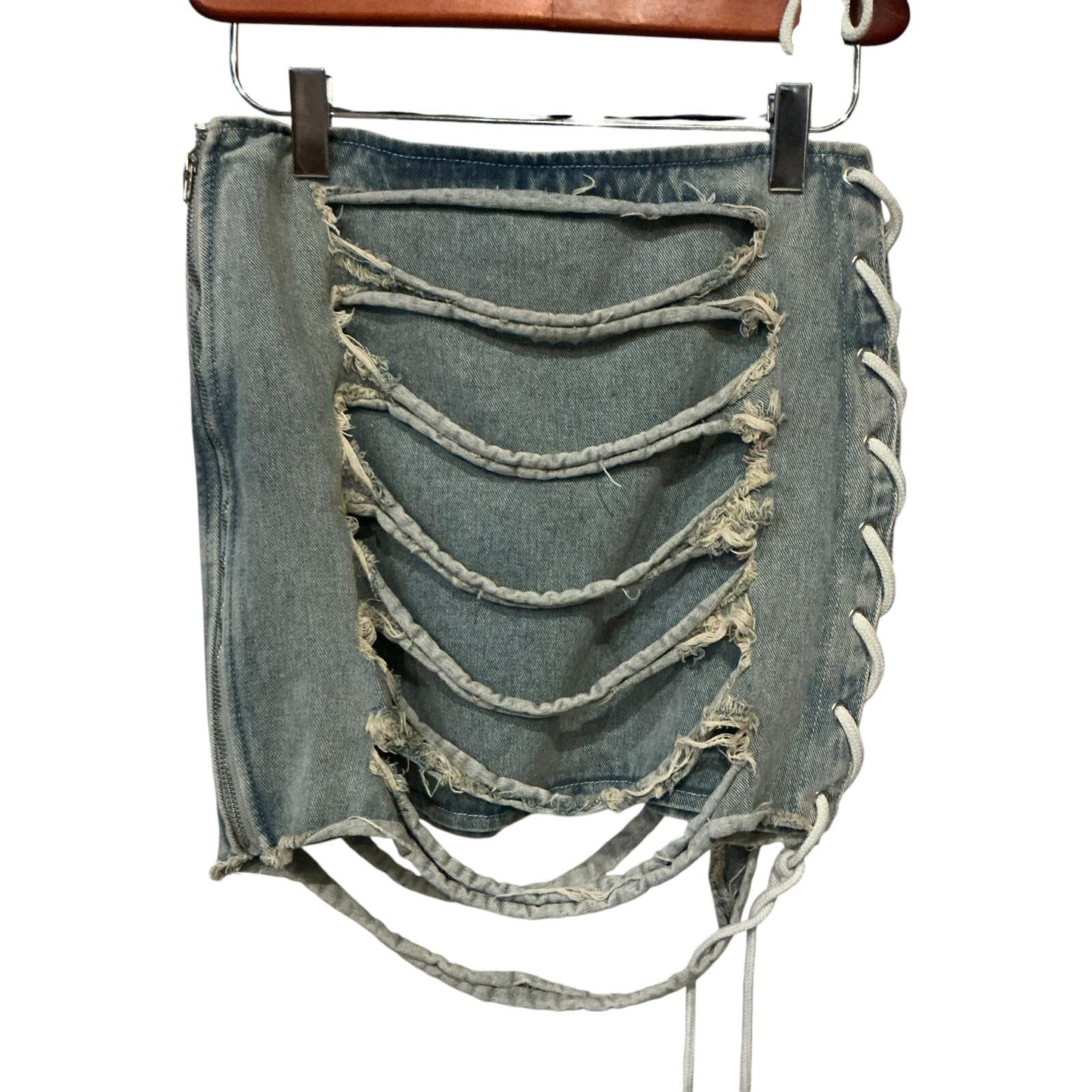 Mars The Label Distressed Lace-Up Denim Mini Skirt Size S