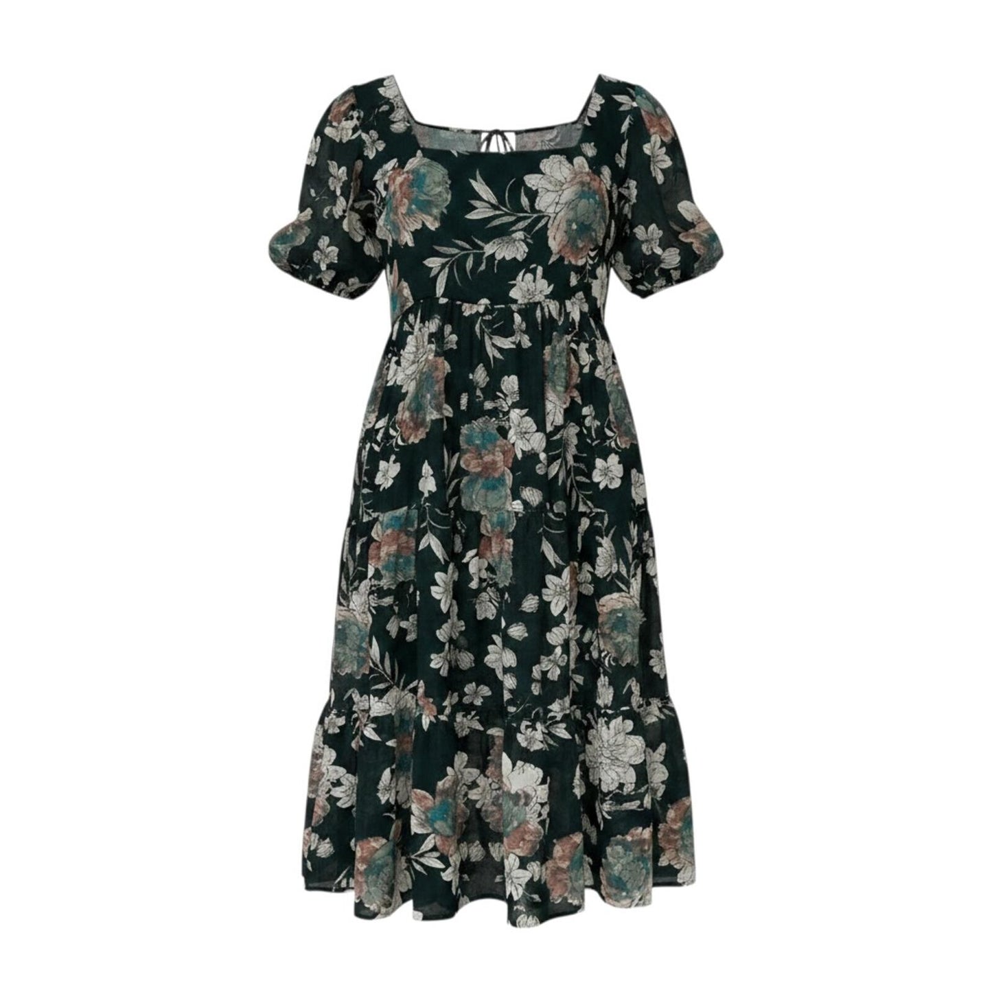 Dark Green Floral Puff Sleeve Maxi Dress
