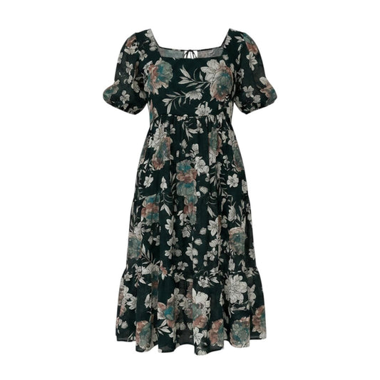 Dark Green Floral Puff Sleeve Maxi Dress