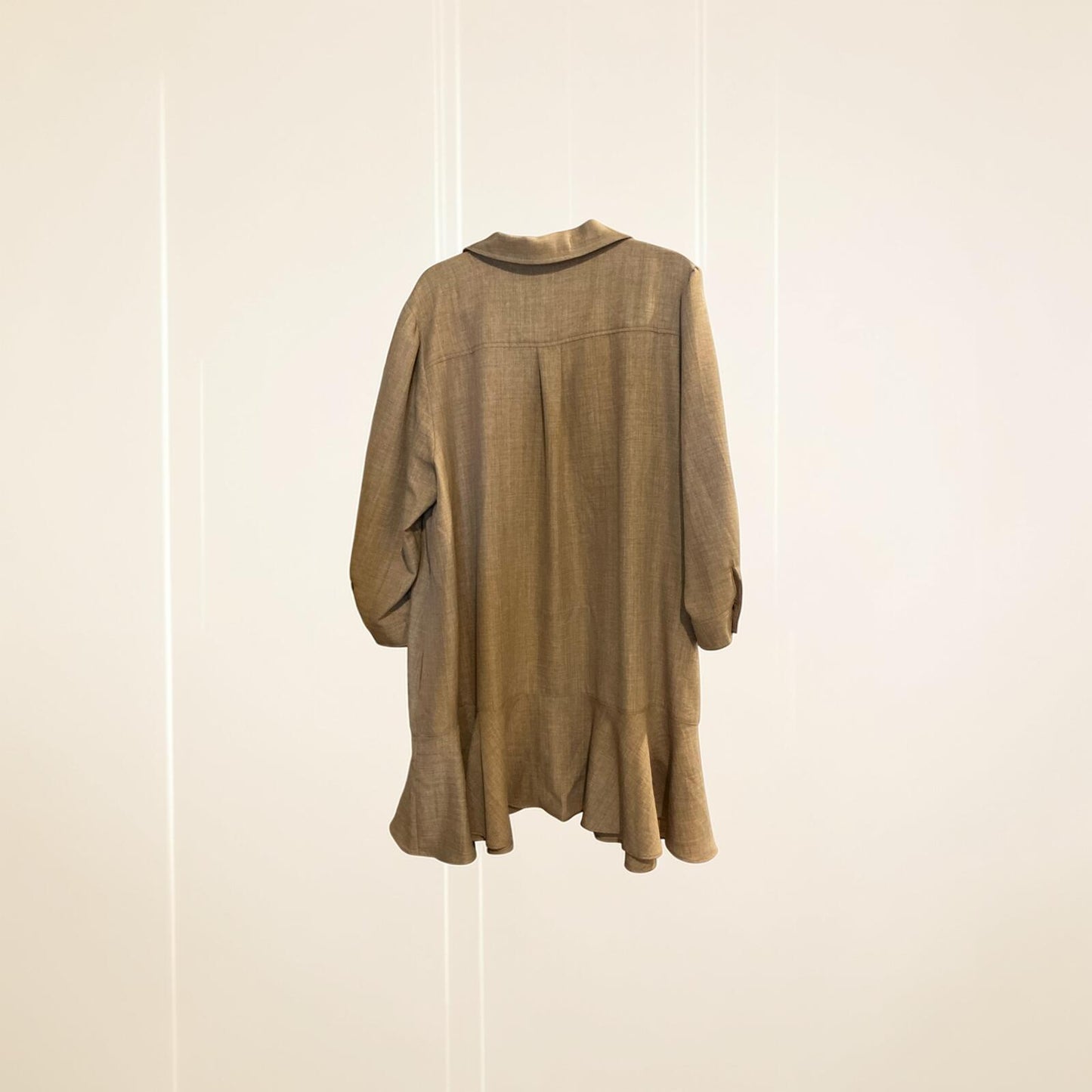 Tan Long Sleeve Shirt Dress with Ruffle Hem