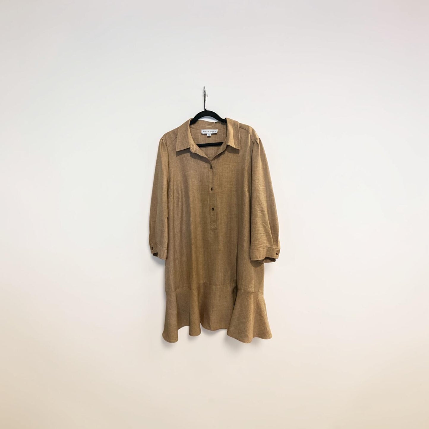 Tan Long Sleeve Shirt Dress with Ruffle Hem