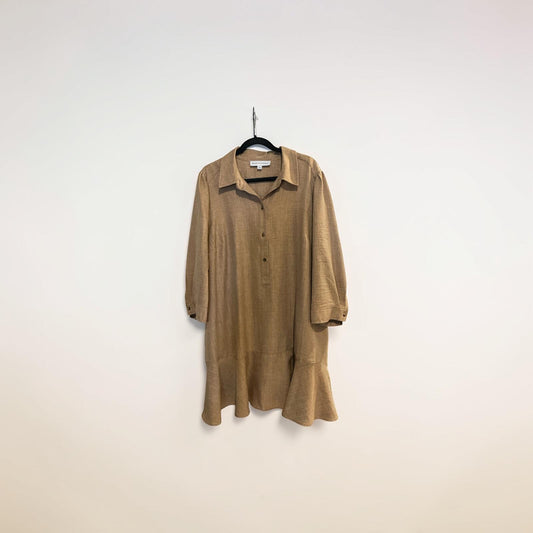 Tan Long Sleeve Shirt Dress with Ruffle Hem