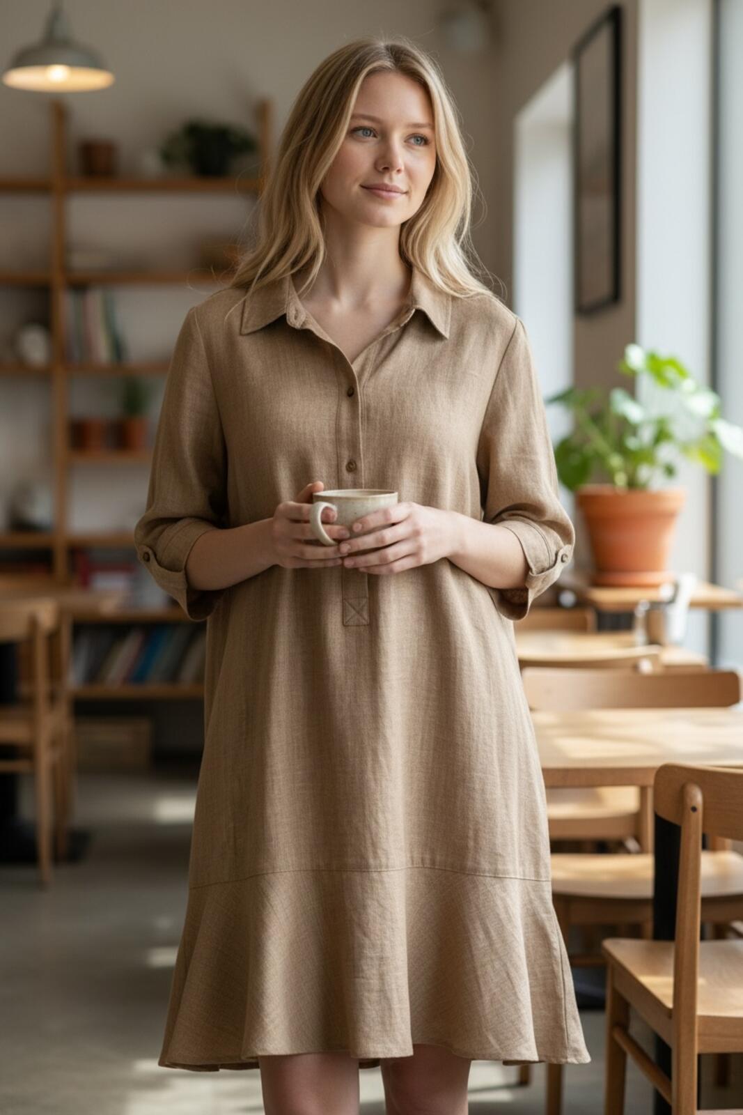 Tan Long Sleeve Shirt Dress with Ruffle Hem