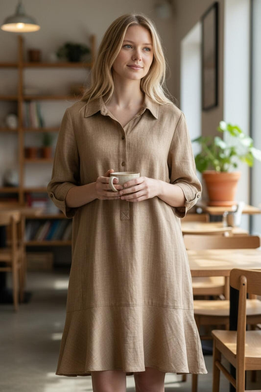Tan Long Sleeve Shirt Dress with Ruffle Hem