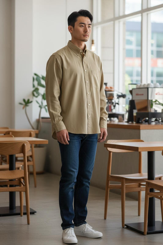 Chaps Men's Classic Button-Down Long Sleeve Shirt in Khaki