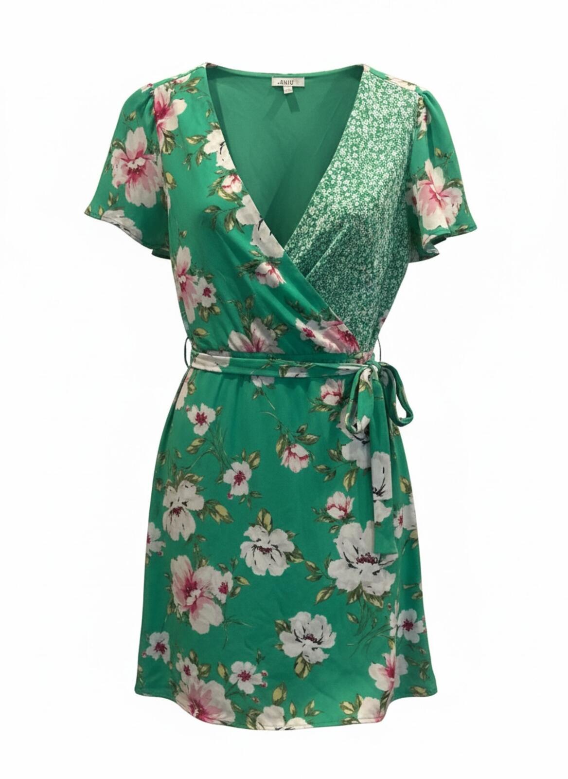 AUW Floral Green Wrap Dress with Belt, Size Large